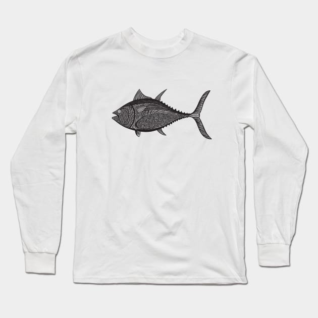 Bluefin Tuna Ink Art - cool detailed fish design - on white Long Sleeve T-Shirt by Green Paladin